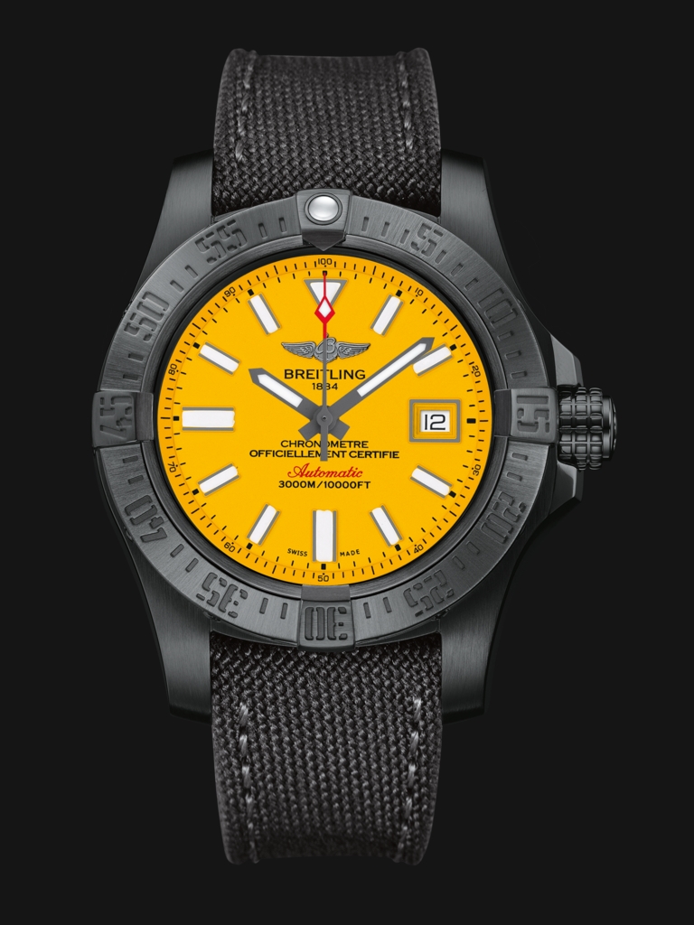 The yellow dials copy watches have black fabric leather straps.