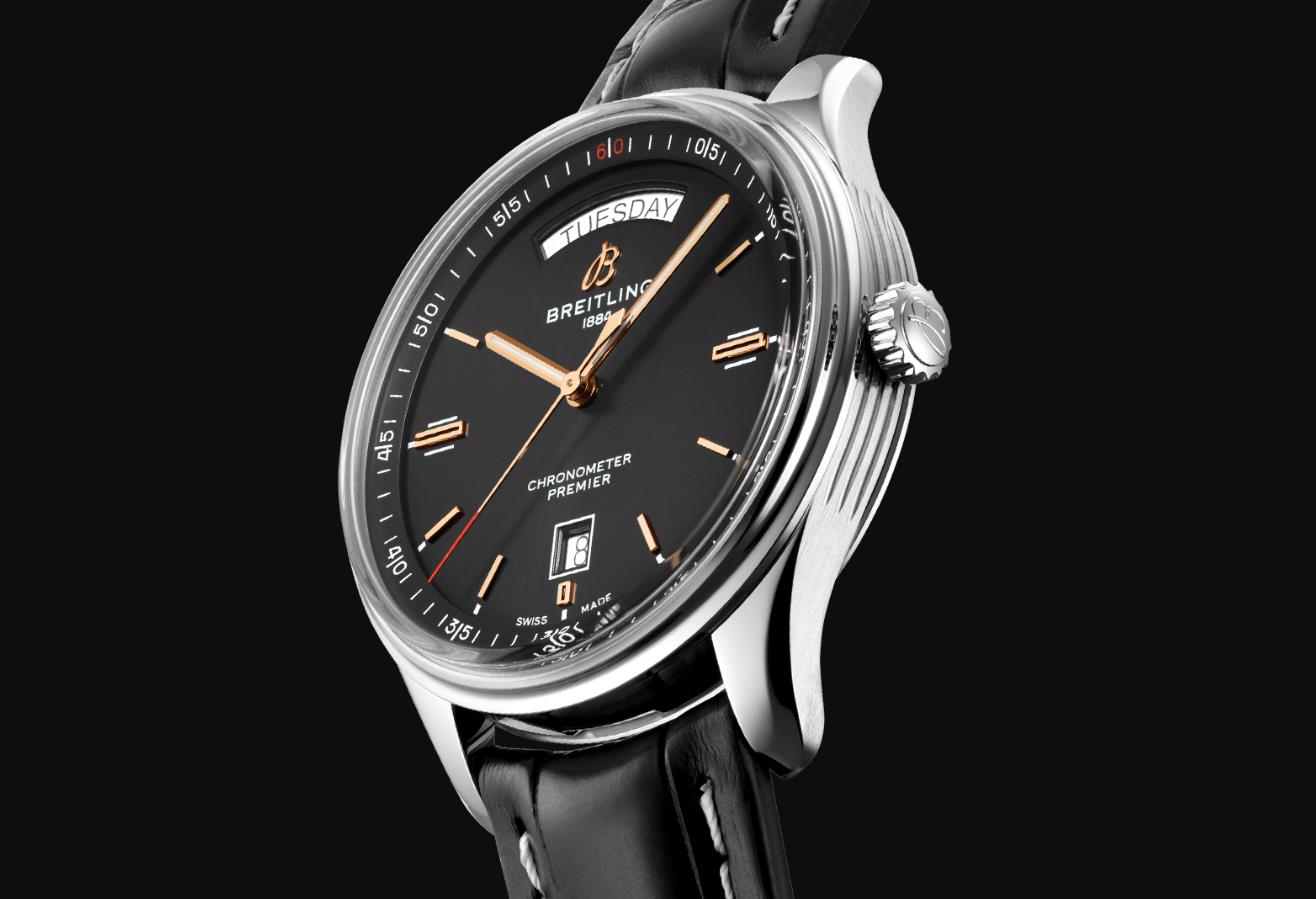 The black dial fake watch has day window.