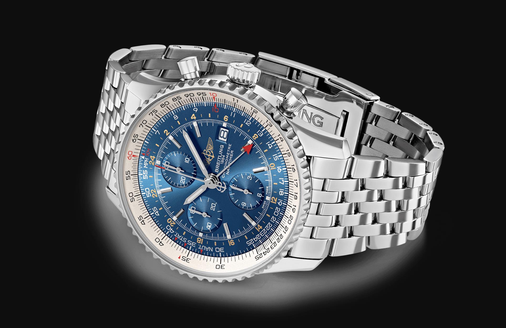 The 46mm replica watch has a blue dial.